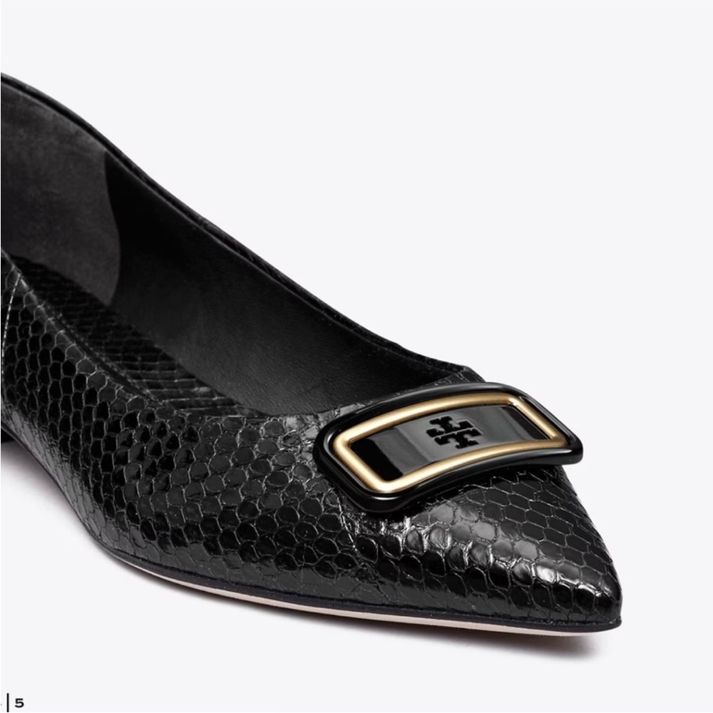 Tory Burch Black Snakeskin Flats with Gold Accent